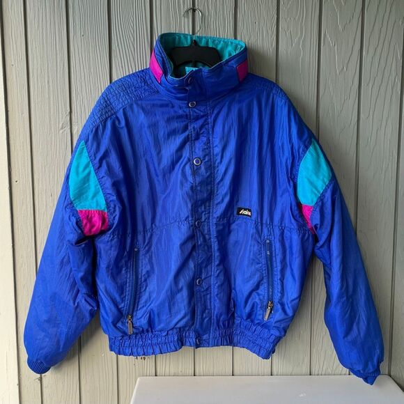 VTG Slalom Colorblock Ski Jacket USA Blue Purple Pink Nylon Zip L Unisex - Picture 1 of 10